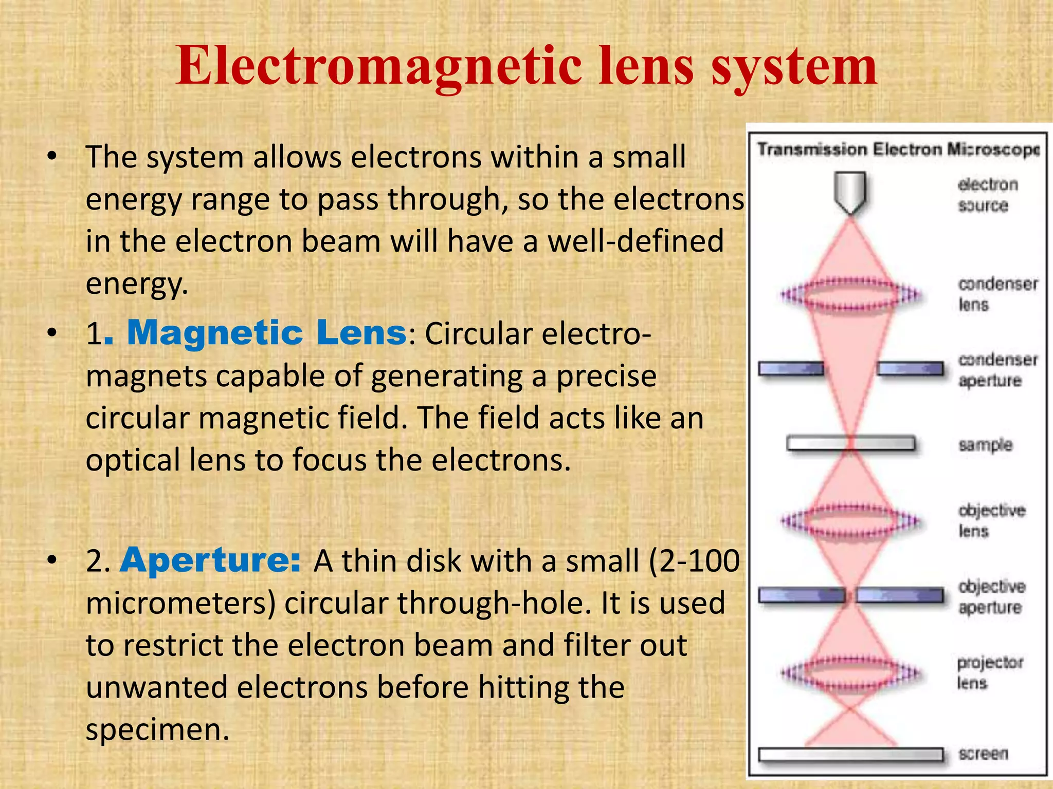 Electromagnetic lens system
• The system allows electrons within a small
  energy range to pass through, so the electrons
  in the electron beam will have a well-defined
  energy.
• 1. Magnetic Lens: Circular electro-
  magnets capable of generating a precise
  circular magnetic field. The field acts like an
  optical lens to focus the electrons.

• 2. Aperture: A thin disk with a small (2-100
  micrometers) circular through-hole. It is used
  to restrict the electron beam and filter out
  unwanted electrons before hitting the
  specimen.
 