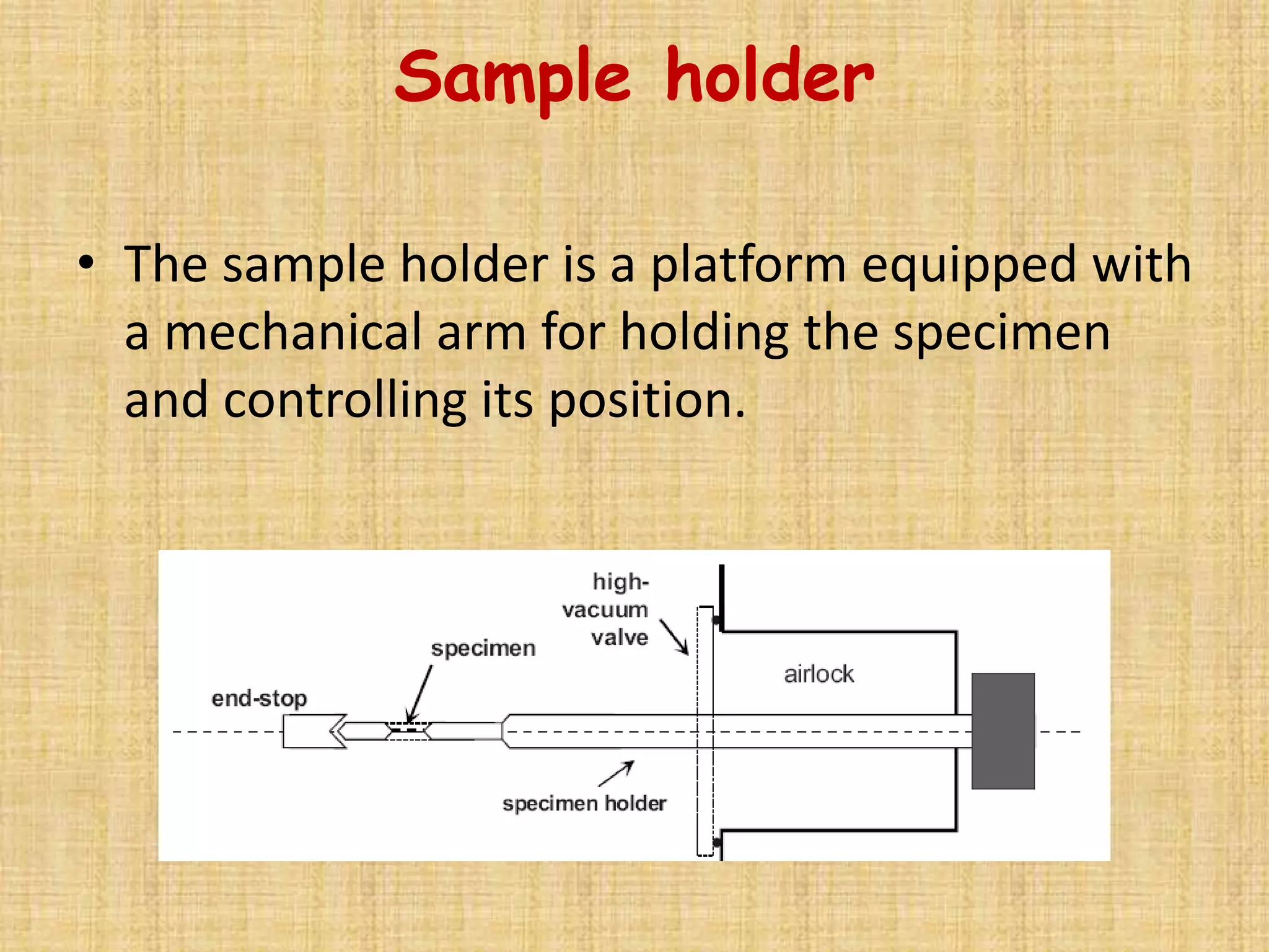 Sample holder

• The sample holder is a platform equipped with
  a mechanical arm for holding the specimen
  and controlling its position.
 