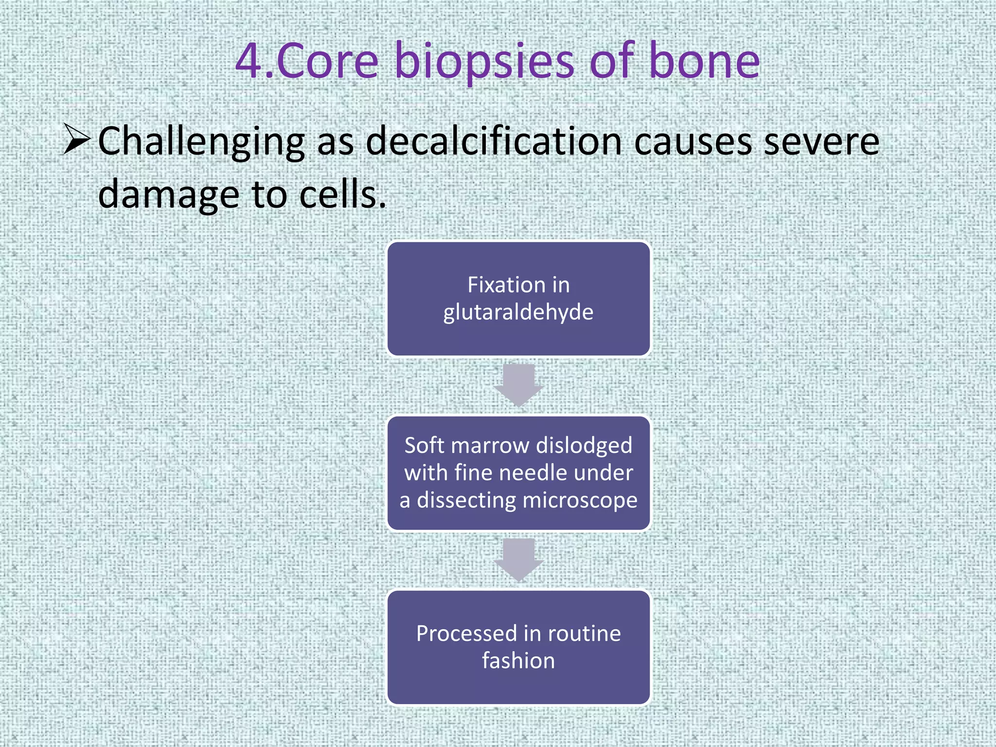 4.Core biopsies of bone
Challenging as decalcification causes severe
 damage to cells.
                        Fixation in
                      glutaraldehyde




                  Soft marrow dislodged
                  with fine needle under
                  a dissecting microscope




                   Processed in routine
                         fashion
 