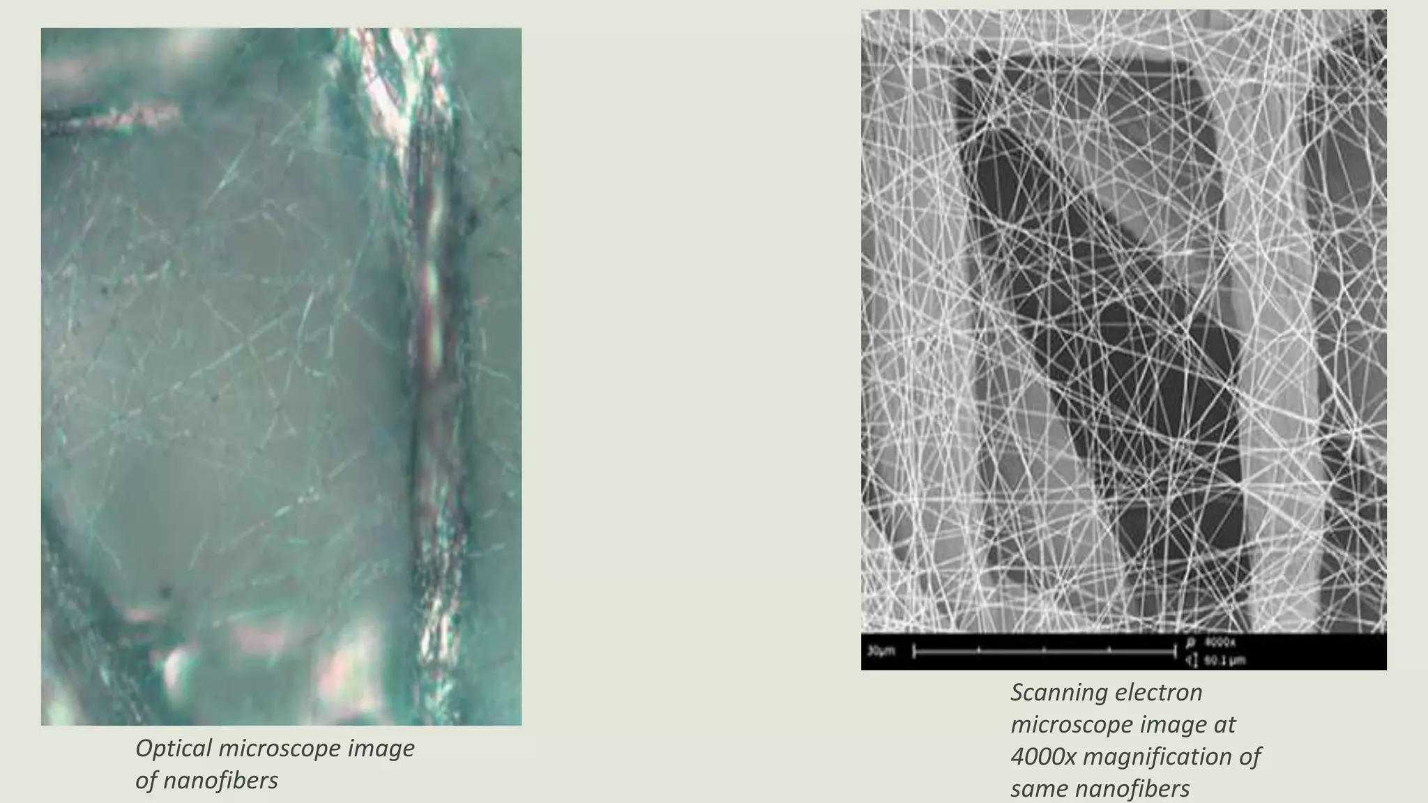 Optical microscope image
of nanofibers
Scanning electron
microscope image at
4000x magnification of
same nanofibers
 