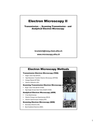 1
Electron Microscopy II
Transmission - , Scanning Transmission - and
Analytical Electron Microscopy
krumeich@inorg.chem.ethz.ch
www.microscopy.ethz.ch
Electron Microscopy Methods
Transmission Electron Microscopy (TEM)
Bright / Dark Field (BF/DF)
High-Resolution Transition Electron Microscopy (HRTEM)
Energy-Filtered (EFTEM)
Electron Diffraction (ED)
Scanning Transmission Electron Microscopy (STEM)
Bright / Dark Field (BF/DF-STEM)
High-Angle Annular Dark Field (HAADF-STEM)
Analytical Electron Microscopy (AEM)
X-ray Spectroscopy
Electron Energy-Loss Spectroscopy (EELS)
Electron Spectroscopic Imaging (ESI)
Scanning Electron Microscopy (SEM)
Secondary Electrons (SE)
Back-Scattered Electrons (BSE)
 