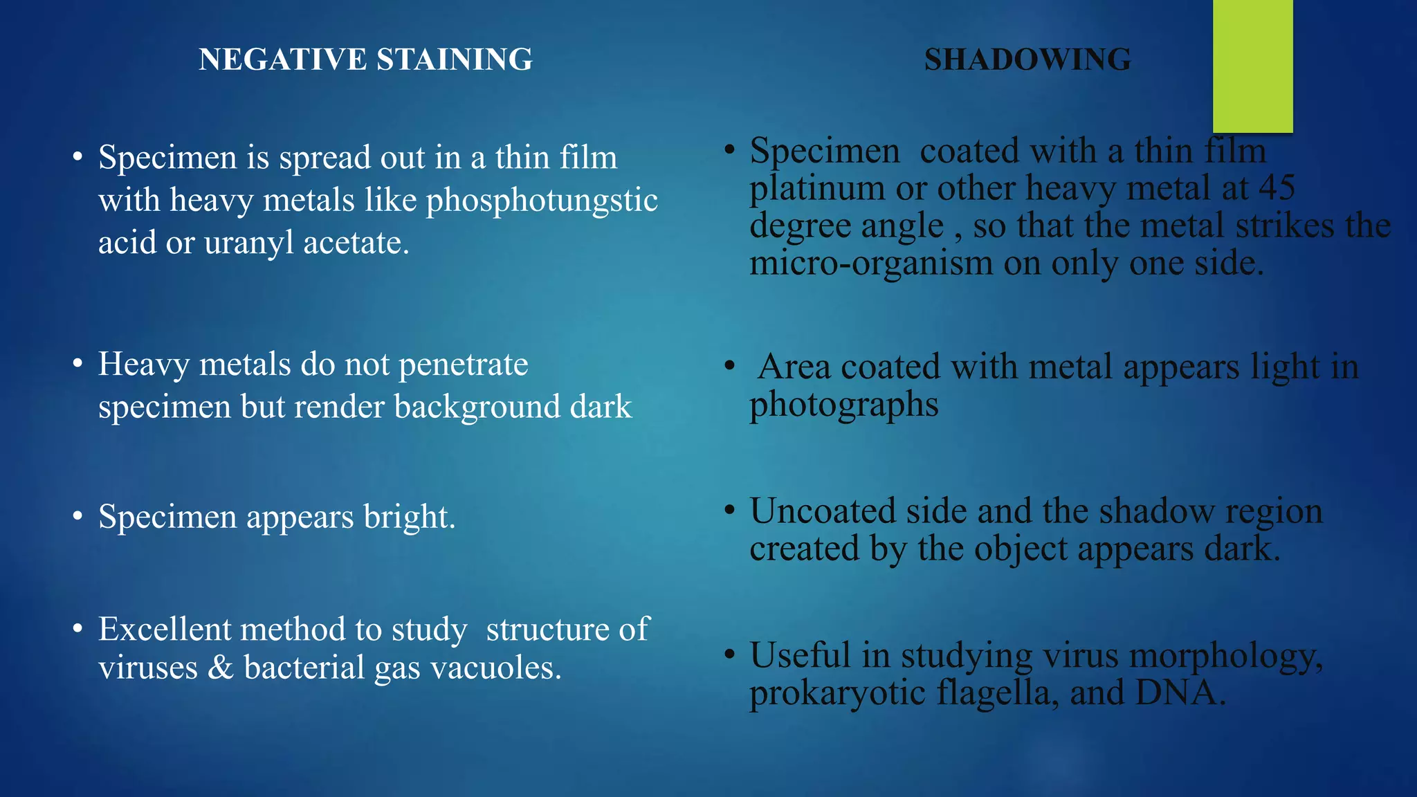 NEGATIVE STAINING
• Specimen is spread out in a thin film
with heavy metals like phosphotungstic
acid or uranyl acetate.
• Heavy metals do not penetrate
specimen but render background dark
• Specimen appears bright.
• Excellent method to study structure of
viruses & bacterial gas vacuoles.
SHADOWING
• Specimen coated with a thin film
platinum or other heavy metal at 45
degree angle , so that the metal strikes the
micro-organism on only one side.
• Area coated with metal appears light in
photographs
• Uncoated side and the shadow region
created by the object appears dark.
• Useful in studying virus morphology,
prokaryotic flagella, and DNA.
 