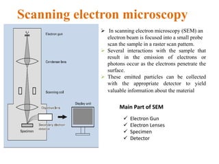 Scanning electron microscopy
 In scanning electron microscopy (SEM) an
electron beam is focused into a small probe
scan the sample in a raster scan pattern.
 Several interactions with the sample that
result in the emission of electrons or
photons occur as the electrons penetrate the
surface.
 These emitted particles can be collected
with the appropriate detector to yield
valuable information about the material
Main Part of SEM
 Electron Gun
 Electron Lenses
 Specimen
 Detector
 