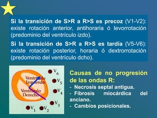 Causas de no progresión
de las ondas R:
- Necrosis septal antigua.
- Fibrosis miocárdica del
anciano.
- Cambios posicionales.
Si la transición de S>R a R>S es precoz (V1-V2):
existe rotación anterior, antihoraria ó levorrotación
(predominio del ventrículo izdo).
Si la transición de S>R a R>S es tardía (V5-V6):
existe rotación posterior, horaria ó dextrorrotación
(predominio del ventrículo dcho).
 