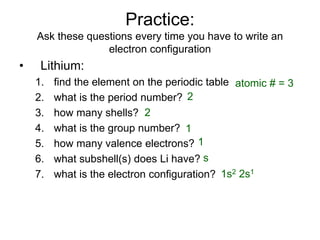 Practice:
Ask these questions every time you have to write an
electron configuration
• Lithium:
1. find the element on the periodic table
2. what is the period number?
3. how many shells?
4. what is the group number?
5. how many valence electrons?
6. what subshell(s) does Li have?
7. what is the electron configuration?
atomic # = 3
2
2
1
1
s
1s2 2s1
 