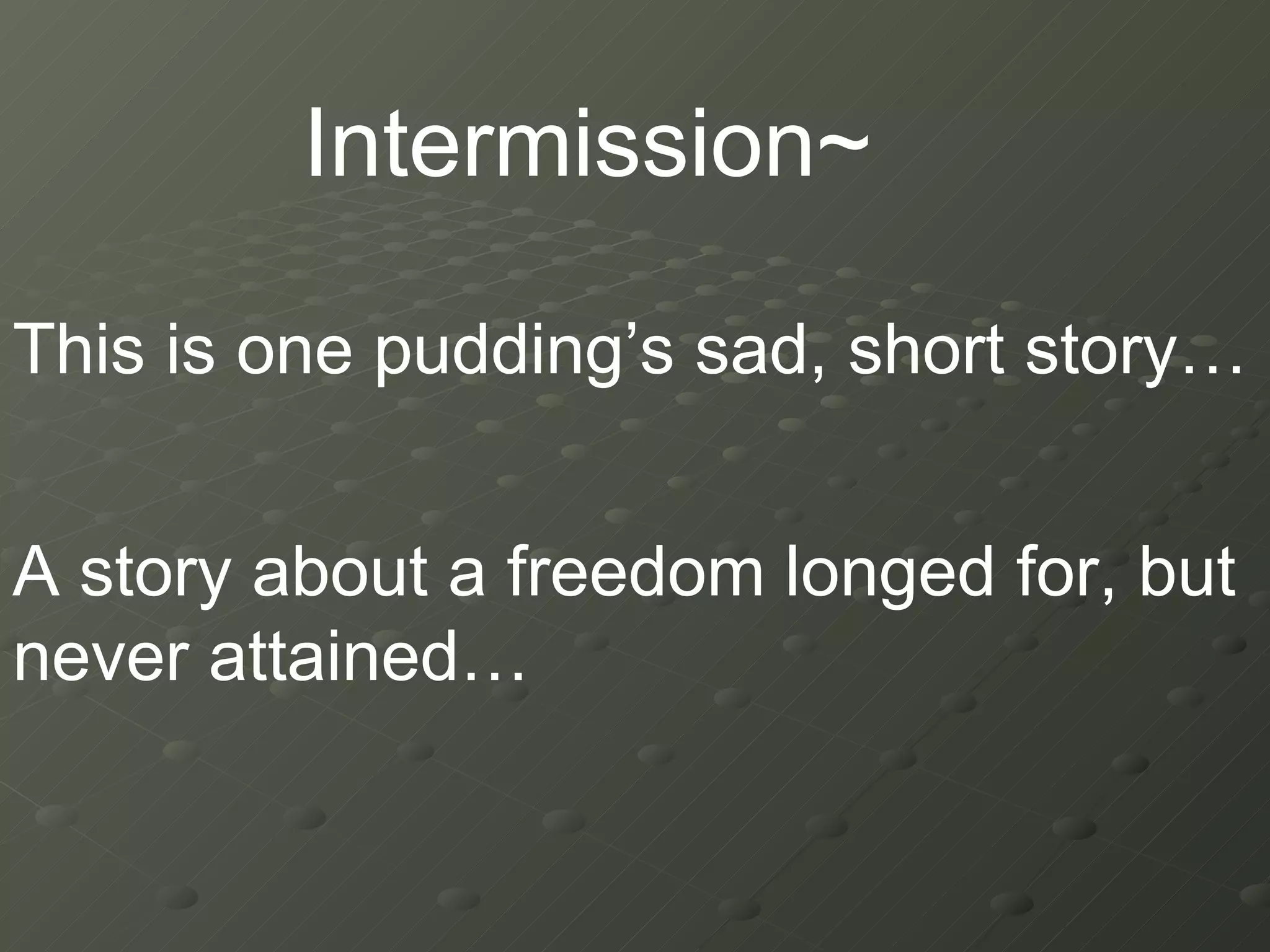 This is one pudding’s sad, short story… Intermission~ A story about a freedom longed for, but never attained… 