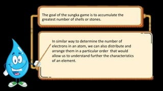 The goal of the sungka game is to accumulate the
greatest number of shells or stones.
In similar way to determine the number of
electrons in an atom, we can also distribute and
arrange them in a particular order that would
allow us to understand further the characteristics
of an element.
 