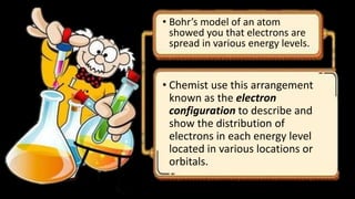 • Chemist use this arrangement
known as the electron
configuration to describe and
show the distribution of
electrons in each energy level
located in various locations or
orbitals.
• Bohr’s model of an atom
showed you that electrons are
spread in various energy levels.
 