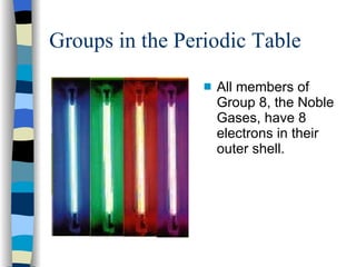 Groups in the Periodic Table All members of Group 8, the Noble Gases, have 8 electrons in their outer shell. 