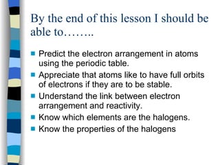 By the end of this lesson I should be able to…….. Predict the electron arrangement in atoms using the periodic table. Appreciate that atoms like to have full orbits of electrons if they are to be stable. Understand the link between electron arrangement and reactivity. Know which elements are the halogens. Know the properties of the halogens 