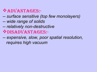 AdvAntAges:-- surface sensitive (top few monolayers)
-- wide range of solids
-- relatively non-destructive

disAdvAntAges:-- expensive, slow, poor spatial resolution,
requires high vacuum

 