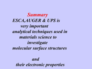 Summary
ESCA,AUGER & UPS is
very important
analytical techniques used in
materials science to
investigate
molecular surface structures
and
their electronic properties

 