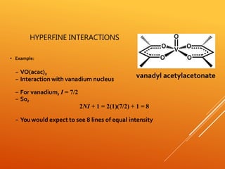 HYPERFINE INTERACTIONS
▪ Example:
– VO(acac)2
– Interaction with vanadium nucleus
– For vanadium, I = 7/2
– So,
2NI + 1 = 2(1)(7/2) + 1 = 8
– Youwould expect to see 8 lines of equal intensity
vanadyl acetylacetonate
 