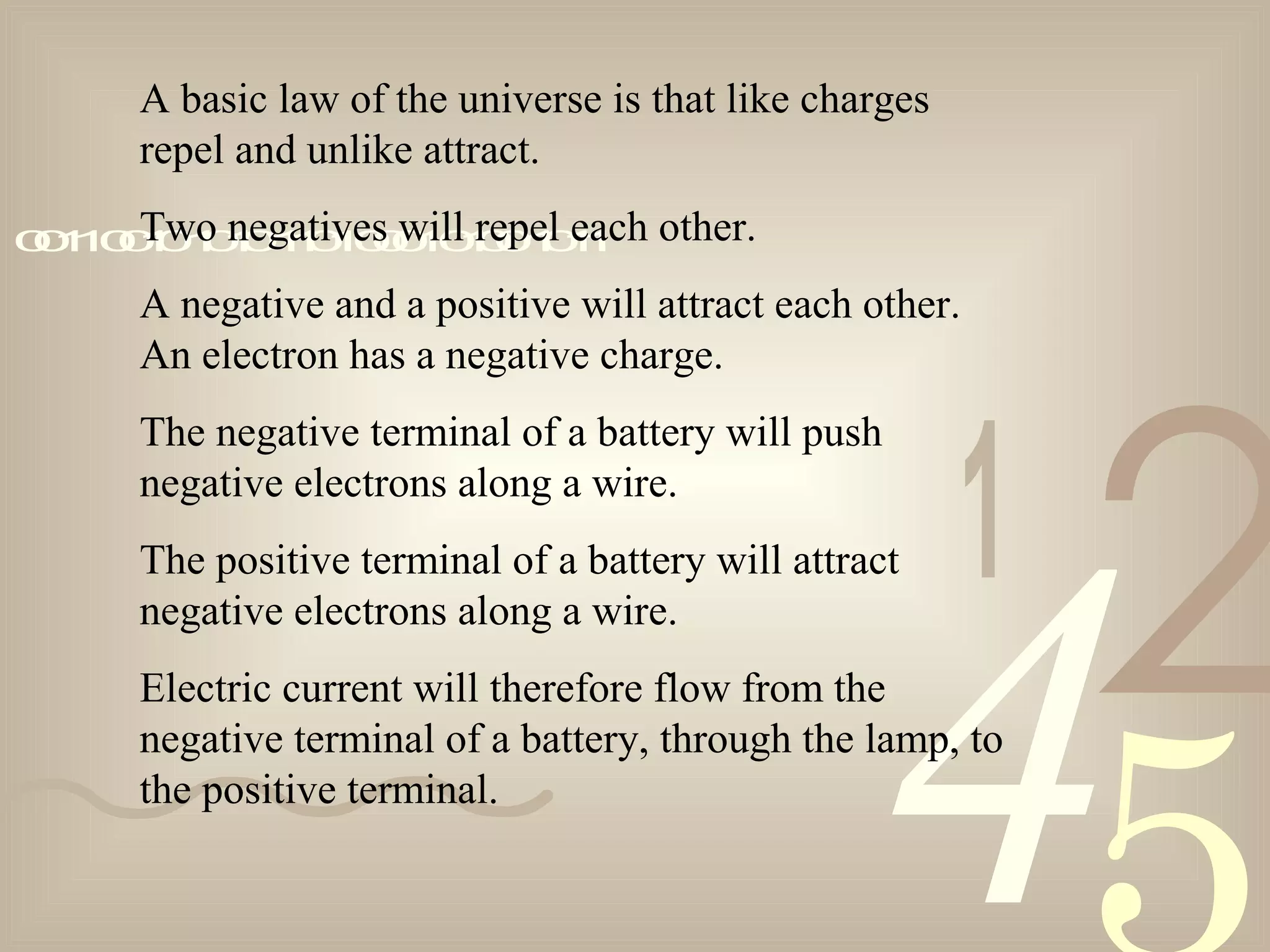 421
0011001010101101000101001011
A basic law of the universe is that like charges
repel and unlike attract.
Two negatives will repel each other.
A negative and a positive will attract each other.
An electron has a negative charge.
The negative terminal of a battery will push
negative electrons along a wire.
The positive terminal of a battery will attract
negative electrons along a wire.
Electric current will therefore flow from the
negative terminal of a battery, through the lamp, to
the positive terminal.
 