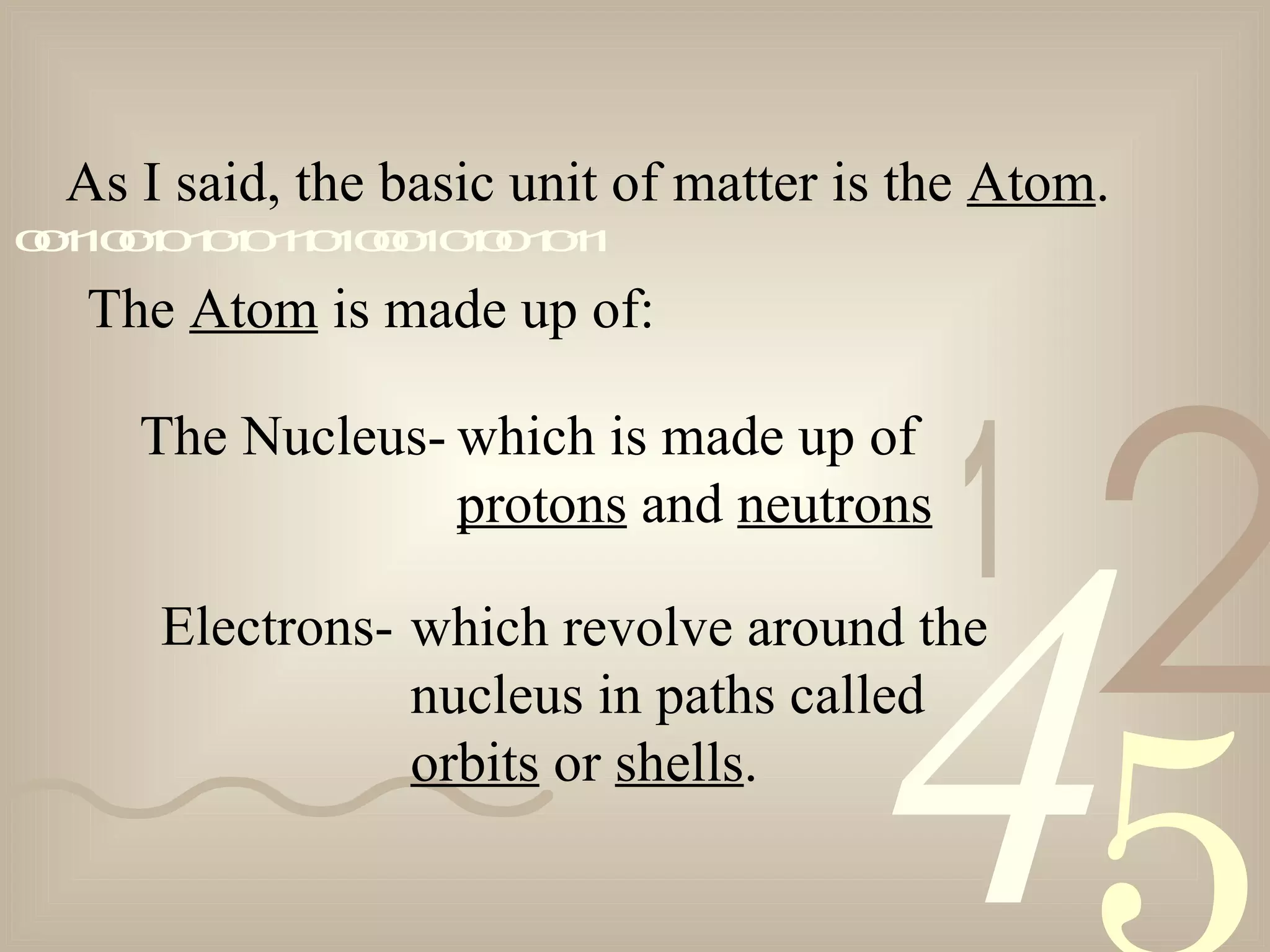 421
0011001010101101000101001011
The Atom is made up of:
The Nucleus- which is made up of
protons and neutrons
Electrons- which revolve around the
nucleus in paths called
orbits or shells.
As I said, the basic unit of matter is the Atom.
 