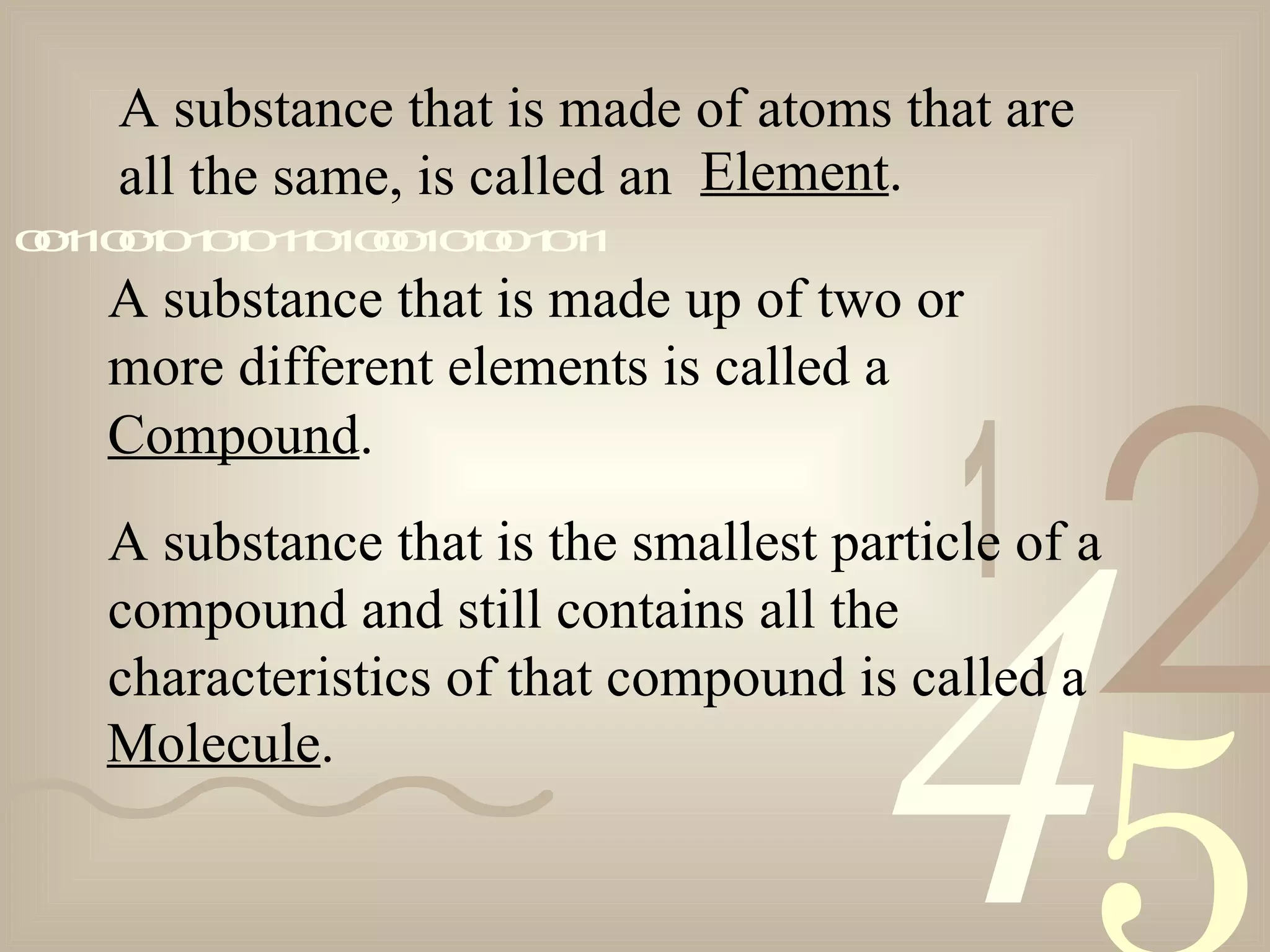 421
0011001010101101000101001011
A substance that is made of atoms that are
all the same, is called an Element.
A substance that is made up of two or
more different elements is called a
Compound.
A substance that is the smallest particle of a
compound and still contains all the
characteristics of that compound is called a
Molecule.
 