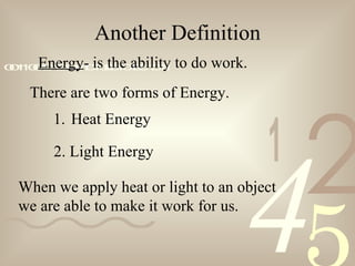 421
0011001010101101000101001011Energy- is the ability to do work.
There are two forms of Energy.
1. Heat Energy
2. Light Energy
When we apply heat or light to an object
we are able to make it work for us.
Another Definition
 