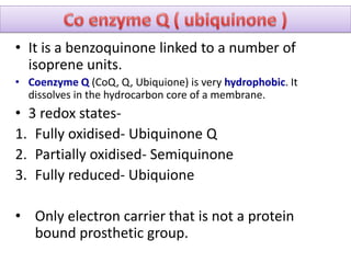 • It is a benzoquinone linked to a number of
isoprene units.
• Coenzyme Q (CoQ, Q, Ubiquione) is very hydrophobic. It
dissolves in the hydrocarbon core of a membrane.
• 3 redox states-
1. Fully oxidised- Ubiquinone Q
2. Partially oxidised- Semiquinone
3. Fully reduced- Ubiquione
• Only electron carrier that is not a protein
bound prosthetic group.
 