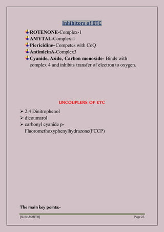 [SUBHASMITH] Page 25
Inhibitors of ETC
ROTENONE-Complex-1
AMYTAL-Complex-1
Piericidine- Competes with CoQ
AntimicinA-Complex3
Cyanide, Azide, Carbon monoxide- Binds with
complex 4 and inhibits transfer of electron to oxygen.
UNCOUPLERS OF ETC
 2,4 Dinitrophenol
 dicoumarol
 carbonyl cyanide p-
Fluoromethoxyphenylhydrazone(FCCP)
The main key points:-
 