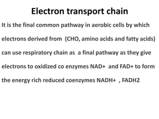 Electron transport chain
It is the final common pathway in aerobic cells by which
electrons derived from (CHO, amino acids and fatty acids)
can use respiratory chain as a final pathway as they give
electrons to oxidized co enzymes NAD+ and FAD+ to form
the energy rich reduced coenzymes NADH+ , FADH2
 