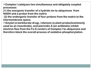 Complex I catalyzes two simultaneous and obligately coupled
processes:
(1) the exergonic transfer of a hydride ion to ubiquinone from
NADH and a proton from the matrix
(2) the endergonic transfer of four protons from the matrix to the
intermembrane space.
Amytal (a barbiturate drug), rotenone (a plant productcommonly
used as an insecticide), and piericidin A (an antibiotic) inhibit
electron flow from the Fe-S centers of Complex I to ubiquinone and
therefore block the overall process of oxidative phosphorylation.
 