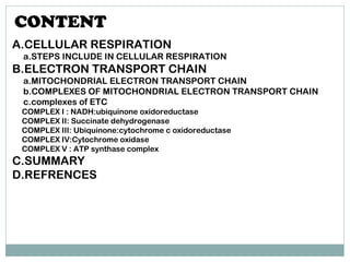 CONTENT
A.CELLULAR RESPIRATION
a.STEPS INCLUDE IN CELLULAR RESPIRATION
B.ELECTRON TRANSPORT CHAIN
a.MITOCHONDRIAL ELECTRON TRANSPORT CHAIN
b.COMPLEXES OF MITOCHONDRIAL ELECTRON TRANSPORT CHAIN
c.complexes of ETC
COMPLEX I : NADH:ubiquinone oxidoreductase
COMPLEX II: Succinate dehydrogenase
COMPLEX III: Ubiquinone:cytochrome c oxidoreductase
COMPLEX IV:Cytochrome oxidase
COMPLEX V : ATP synthase complex
C.SUMMARY
D.REFRENCES
 