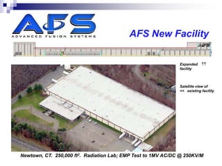 AFS New Facility

                                                              Expanded    ↑↑
                                                              facility



                                                              Satellite view of
                                                              << existing facility




Newtown, CT. 250,000 ft2. Radiation Lab; EMP Test to 1MV AC/DC @ 250KV/M
 