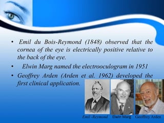 • Emil du Bois-Reymond (1848) observed that the
cornea of the eye is electrically positive relative to
the back of the eye.
• Elwin Marg named the electrooculogram in 1951
• Geoffrey Arden (Arden et al. 1962) developed the
first clinical application.
Geoffrey ArdenElwin MargEmil -Reymond
 