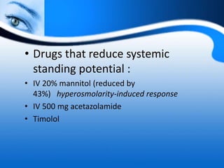 • Drugs that reduce systemic
standing potential :
• IV 20% mannitol (reduced by
43%) hyperosmolarity-induced response
• IV 500 mg acetazolamide
• Timolol
 