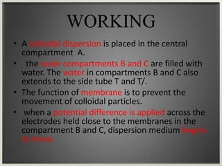 WORKING
• A colloidal dispersion is placed in the central
compartment A.
• the outer compartments B and C are filled with
water. The water in compartments B and C also
extends to the side tube T and T/.
• The function of membrane is to prevent the
movement of colloidal particles.
• when a potential difference is applied across the
electrodes held close to the membranes in the
compartment B and C, dispersion medium begins
to move.
 
