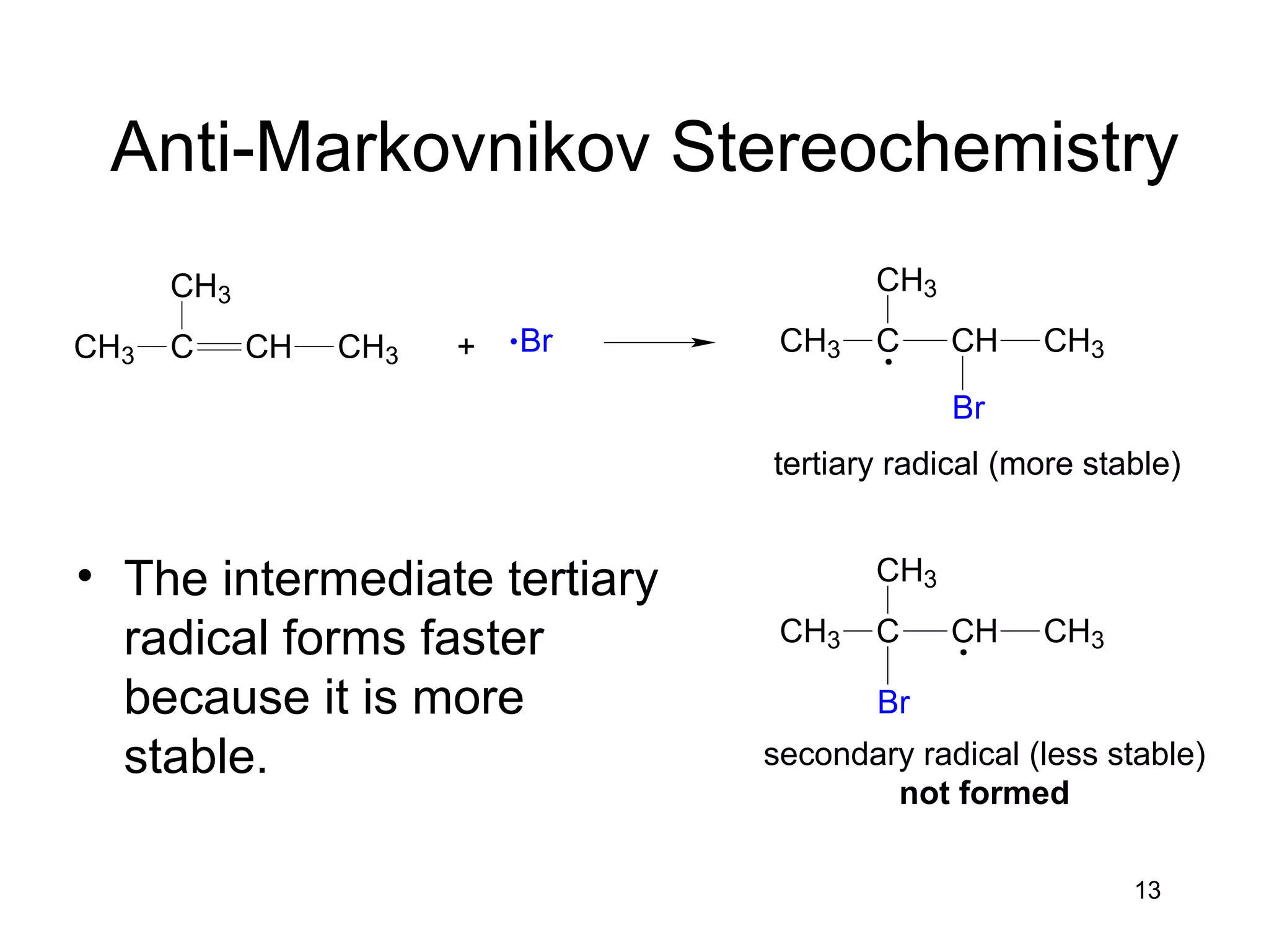13
Anti-Markovnikov Stereochemistry
• The intermediate tertiary
radical forms faster
because it is more
stable.
+ BrCH3 C
CH3
CH CH3
CH3 C
CH3
CH CH3
Br
CH3 C
CH3
CH CH3
Br
secondary radical (less stable)
not formed
tertiary radical (more stable)
 