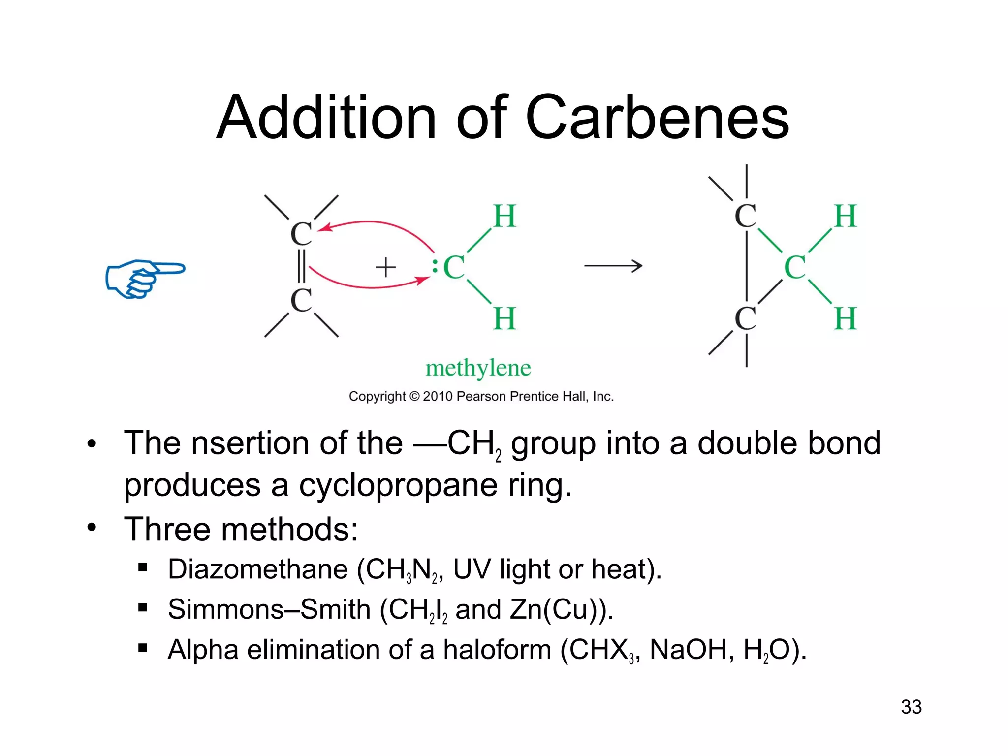 33
Addition of Carbenes
• The nsertion of the —CH2 group into a double bond
produces a cyclopropane ring.
• Three methods:
 Diazomethane (CH3N2, UV light or heat).
 Simmons–Smith (CH2I2 and Zn(Cu)).
 Alpha elimination of a haloform (CHX3, NaOH, H2O).
 