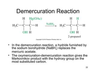 22
Demercuration Reaction
• In the demercuration reaction, a hydride furnished by
the sodium borohydride (NaBH4) replaces the
mercuric acetate.
• The oxymercuration-demercuration reaction gives the
Markovnikov product with the hydroxy group on the
most substituted carbon.
 