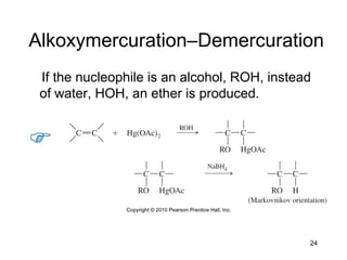 24
Alkoxymercuration–Demercuration
If the nucleophile is an alcohol, ROH, instead
of water, HOH, an ether is produced.
 