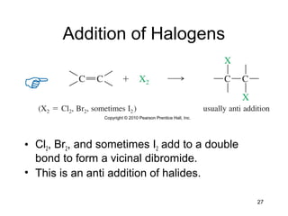 27
Addition of Halogens
• Cl2, Br2, and sometimes I2 add to a double
bond to form a vicinal dibromide.
• This is an anti addition of halides.
 