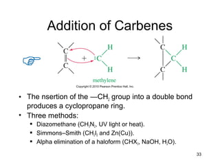 33
Addition of Carbenes
• The nsertion of the —CH2 group into a double bond
produces a cyclopropane ring.
• Three methods:
 Diazomethane (CH3N2, UV light or heat).
 Simmons–Smith (CH2I2 and Zn(Cu)).
 Alpha elimination of a haloform (CHX3, NaOH, H2O).
 