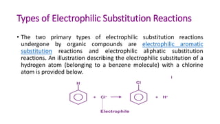 Types of Electrophilic Substitution Reactions
• The two primary types of electrophilic substitution reactions
undergone by organic compounds are electrophilic aromatic
substitution reactions and electrophilic aliphatic substitution
reactions. An illustration describing the electrophilic substitution of a
hydrogen atom (belonging to a benzene molecule) with a chlorine
atom is provided below.
 