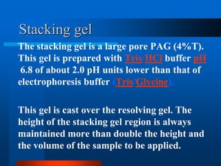 Stacking gel 
The stacking gel is a large pore PAG (4%T). This gel is prepared with Tris/HCl buffer pH 
6.8 of about 2.0 pH units lower than that of electrophoresis buffer (Tris/Glycine). 
This gel is cast over the resolving gel. The height of the stacking gel region is always maintained more than double the height and the volume of the sample to be applied.  
