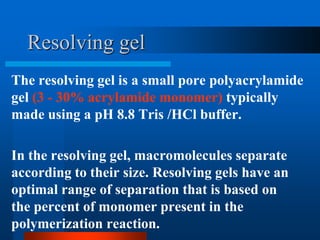 Resolving gel 
The resolving gel is a small pore polyacrylamide gel (3 -30% acrylamide monomer)typically made using a pH 8.8 Tris /HCl buffer. 
In the resolving gel, macromolecules separate according to their size. Resolving gels have an optimal range of separation that is based on the percent of monomer present in the polymerization reaction. 
 