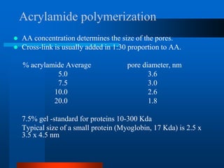 Acrylamide polymerization 
AA concentration determines the size of the pores. 
Cross-link is usually added in 1:30 proportion to AA. 
% acrylamide Average pore diameter, nm 
5.0 3.6 
7.5 3.0 
10.0 2.6 
20.0 1.8 
7.5% gel -standard for proteins 10-300 Kda 
Typical size of a small protein (Myoglobin, 17 Kda) is 2.5 x 3.5 x 4.5 nm  