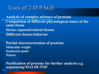44 
Uses of 2-D PAGE 
Analysis of complex mixture of proteins 
Comparison of different physiological states of the same tissue 
Stress exposed/control tissues 
Different tissuesbehavior 
Partial characterization of proteins 
Molecular weight 
Isoelectric point 
Nature 
Purification of proteins for further analysis e.g. sequencing/MALDI-TOF  