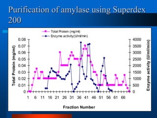 Purification of amylase using Superdex 20000.010.020.030.040.050.060.070.0816111621263136414651566166Fraction Number Total Protein (mg/ml) 05001000150020002500300035004000 Enzyme activity (U/ml/min) Total Protein (mg/ml) Enzyme activity(U/ml/min)  