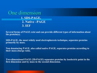 One dimension 
1. SDS-PAGE, 
2. Native –PAGE 
3. IEF 
Several forms of PAGE exist and can provide different types of information about the protein(s). 
SDS-PAGE, the most widely used electrophoresis technique, separates proteins primarily by mass. 
Non denaturing PAGE, also called native PAGE, separates proteins according to their mass:charge ratio. 
Two-dimensional PAGE (2D-PAGE) separates proteins by isoelectric point in the first dimension and by mass in the second dimension.  