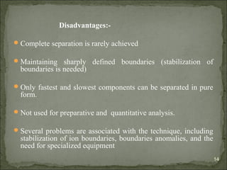 Disadvantages:-
Complete separation is rarely achieved
Maintaining sharply defined boundaries (stabilization of
boundaries is needed)
Only fastest and slowest components can be separated in pure
form.
Not used for preparative and quantitative analysis.
Several problems are associated with the technique, including
stabilization of ion boundaries, boundaries anomalies, and the
need for specialized equipment
14
 