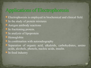 Electrophoresis is employed in biochemical and clinical field.
In the study of protein mixtures
Antigen antibody reactions
In fractioning protein.
In analysis of lipoprotein
Hemoglobin
In combination with autoradiography
Separation of organic acid, alkaloids, carbohydrates, amino
acids, alcohols, phenols, nucleic acids, insulin.
In food industry
50
 