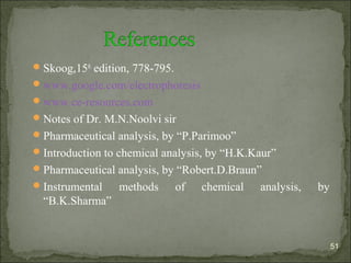 Skoog,15th
edition, 778-795.
www.google.com/electrophoresis
www.ce-resources.com
Notes of Dr. M.N.Noolvi sir
Pharmaceutical analysis, by “P.Parimoo”
Introduction to chemical analysis, by “H.K.Kaur”
Pharmaceutical analysis, by “Robert.D.Braun”
Instrumental methods of chemical analysis, by
“B.K.Sharma”
51
 