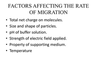 FACTORS AFFECTING THE RATE
OF MIGRATION
• Total net charge on molecules.
• Size and shape of particles.
• pH of buffer solution.
• Strength of electric field applied.
• Property of supporting medium.
• Temperature
 