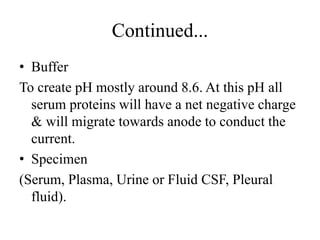 Continued...
• Buffer
To create pH mostly around 8.6. At this pH all
serum proteins will have a net negative charge
& will migrate towards anode to conduct the
current.
• Specimen
(Serum, Plasma, Urine or Fluid CSF, Pleural
fluid).
 