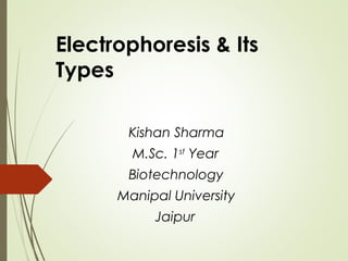 Electrophoresis & Its
Types
Kishan Sharma
M.Sc. 1st
Year
Biotechnology
Manipal University
Jaipur
 