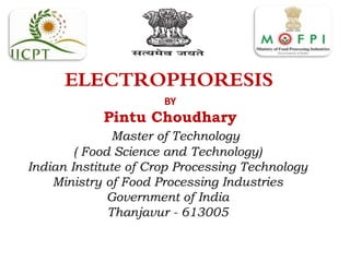 ELECTROPHORESIS
BY
Pintu Choudhary
Master of Technology
( Food Science and Technology)
Indian Institute of Crop Processing Technology
Ministry of Food Processing Industries
Government of India
Thanjavur - 613005
 